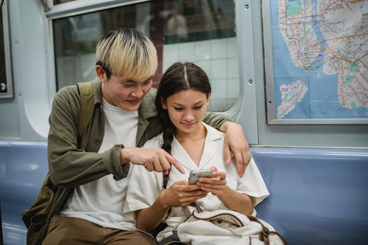 A happy student using public transport