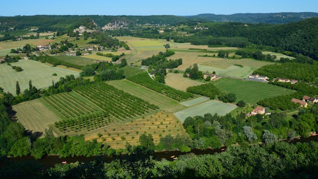a beautiful rural landscape with fields and a farmhouse